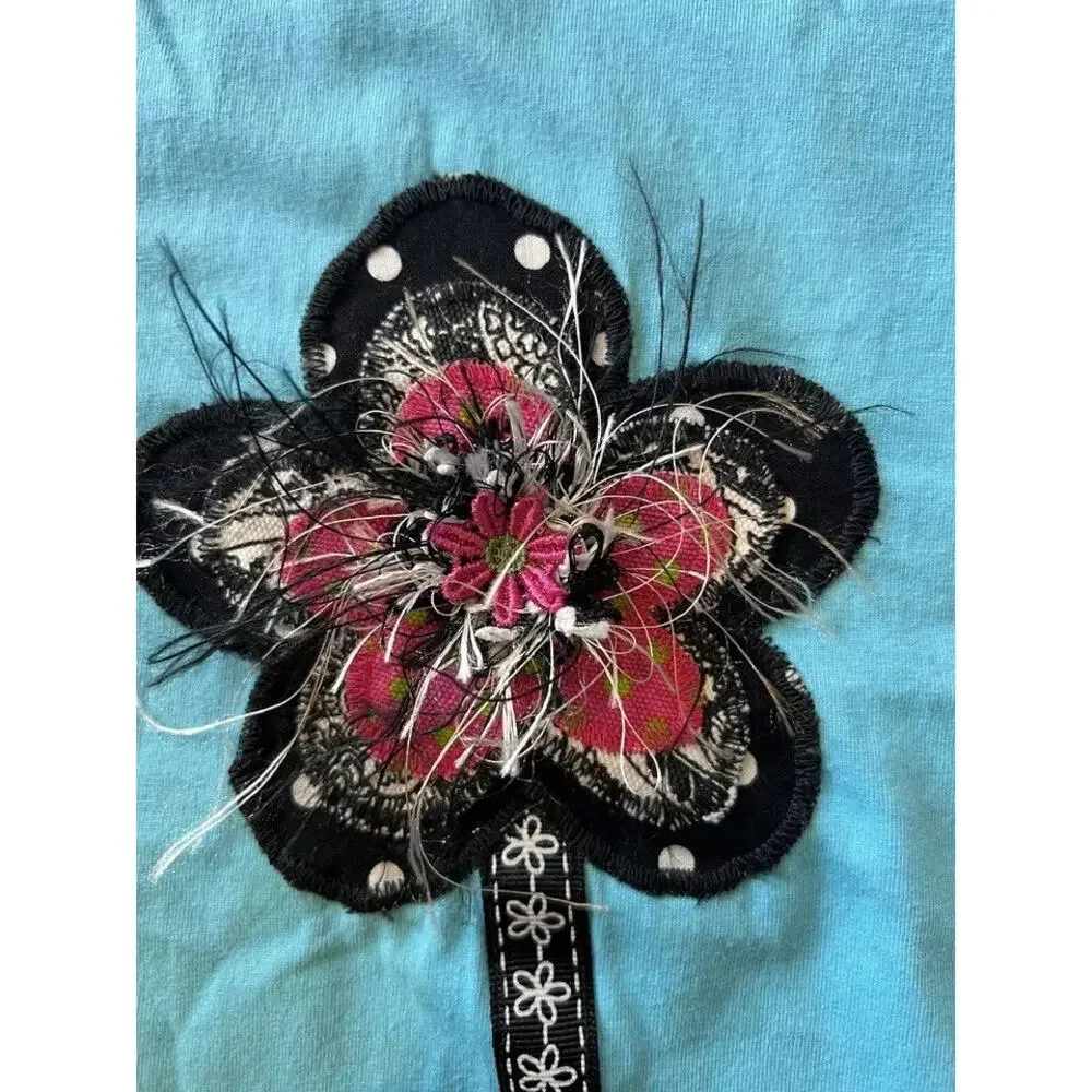 Vintage LAT‎ XL Blue Flower Beaded Tassel Pocket Tee T-Shirt